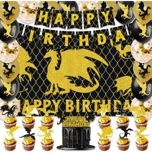 42pcs Dragon Birthday Party Decorations Includes Cake Toppers,Cupcake Toppers, Banner, Backdrop, Balloons - Black Gold Dragon Theme Party Supplies Set for Baby Shower