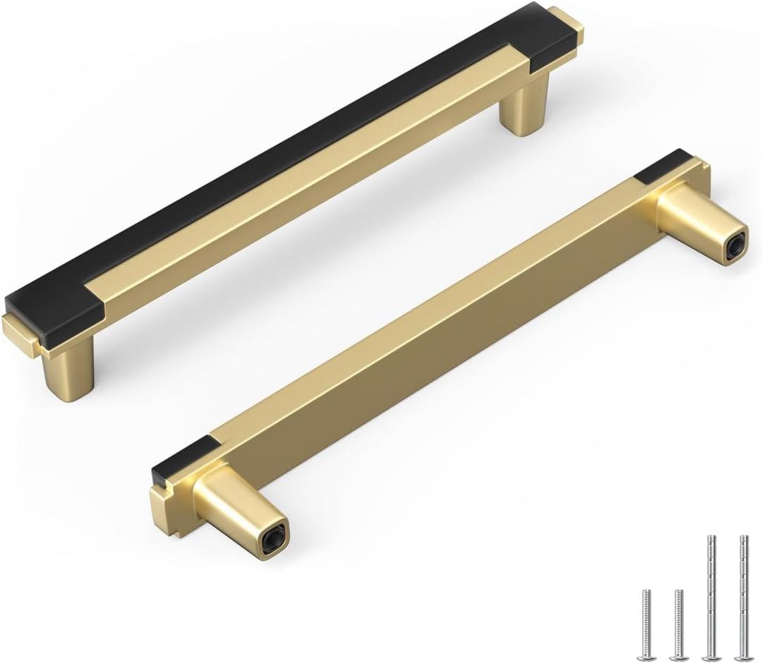 Rergy 5 Pack 5 Inch Black and Gold Cabinet Pulls Gold Drawer Pulls Kitchen Cabinet Handles Black Drawer Handles Zinc Alloy Square Hardware for Cupboard, 128mm Hole Center