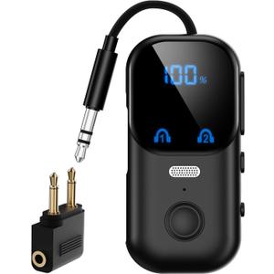 Bluetooth 5.4 Transmitter Receiver aptX Adaptive for 2 AirPods/Headphones, 2-in-1 Bluetooth Audio Adapter with Mic & LED Display for TV, Airplane Travel, 3.5mm AUX Wireless Adapter for Car/Home Stereo (Black)