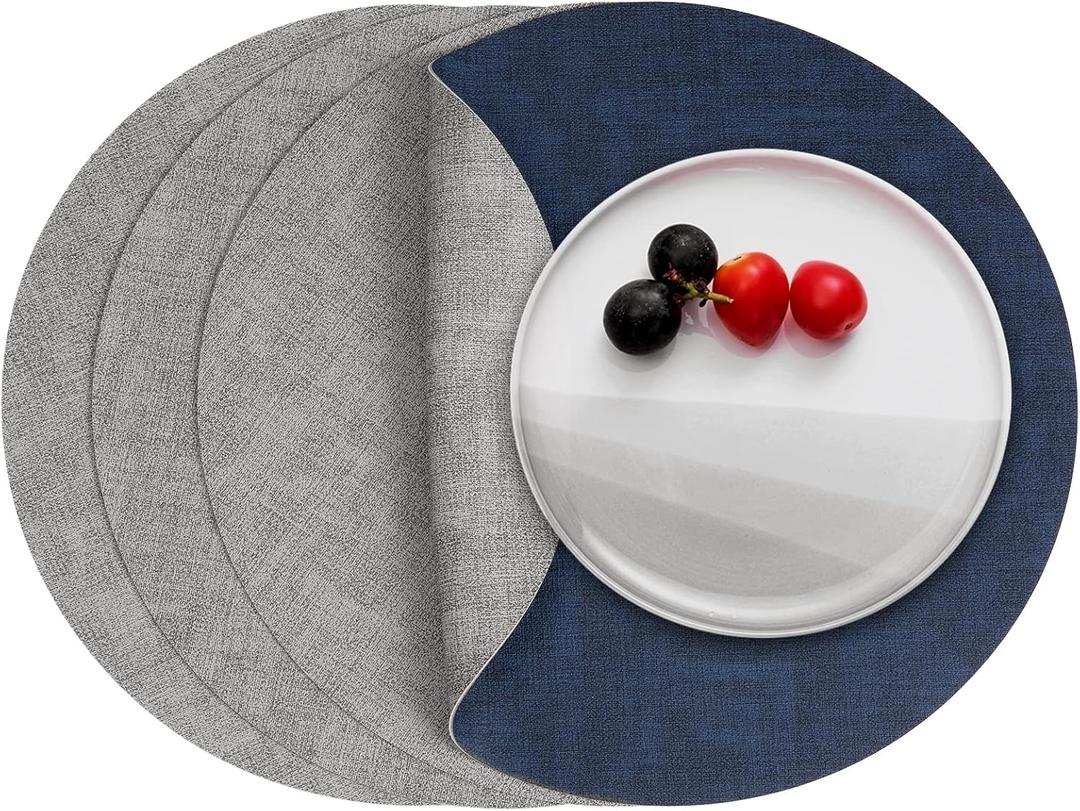 Myir JUN Round Placemats Dual Sided, Faux Leather Place Mats Set of 4 Indoor Placemat for Dining Table Outdoor Place Mat Non-Slip Washable Table Mats (Gray Blue, Set of 4)