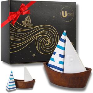 UNEAK -Handcrafted Ceramic Cute Sailboat Salt And Pepper Shaker with Cherry Wood Base/Boat Elegant (2 Pcs Set) Gift Shakers Set Compact Cooking, Kitchen and Dining Room, Classic, Refillable