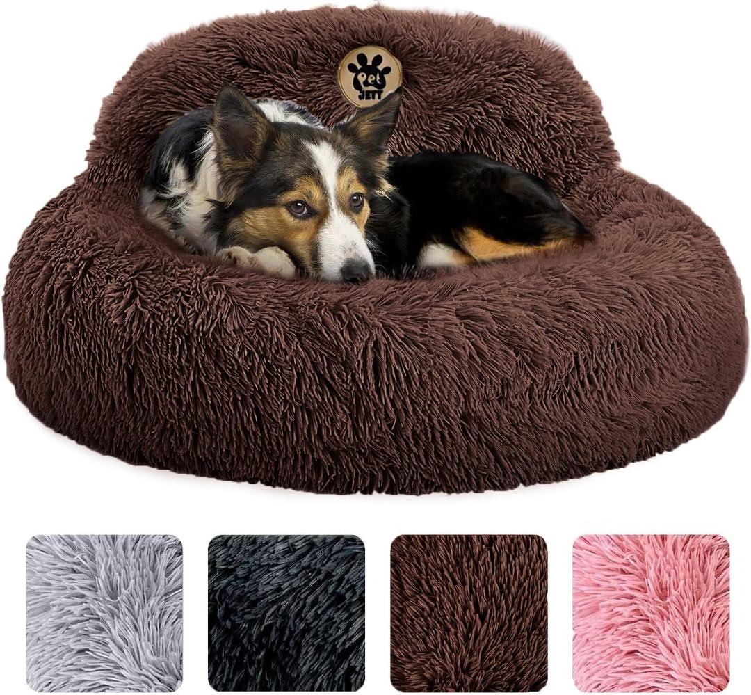 PetJett Calming Dog Bed Medium Size Dog - 30'' Donut Bed, Anti-Slip & Washable Super Soft Fluffy Plush Round Bed, Anti-Anxiety Premium Comfort Pet Bed, Fits Dogs up to 45 lbs - Brown