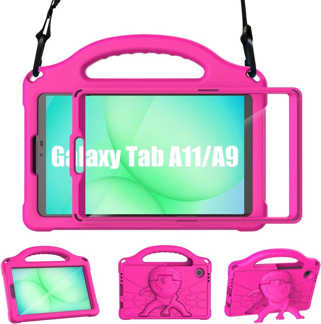 Kids Case for Samsung Galaxy Tab A11 2025 / A9 2023 8.7 inch Tablet, Galaxy Tab A11 /A9 Case with Screen Protector, Shockproof Handle Stand Protective Cover with Shoulder Strap -Pink