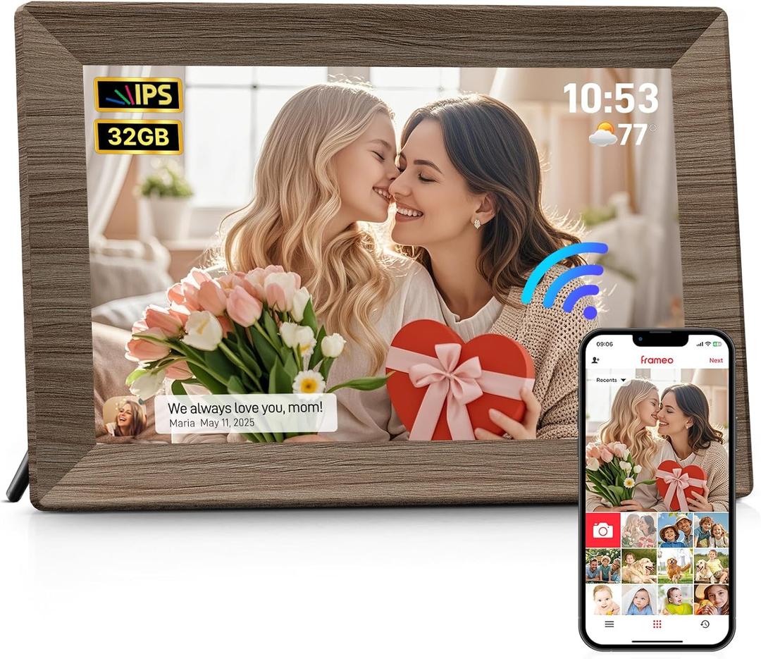 Frameo 10.1" Digital Picture Frame, Smart WiFi Digital Photo Frame with 1280x800 HD IPS Touch Screen 32GB Memory Auto-Rotate Wall Mounted, Share Photos/Videos from Phone Anywhere(Coffee Brown Wood)