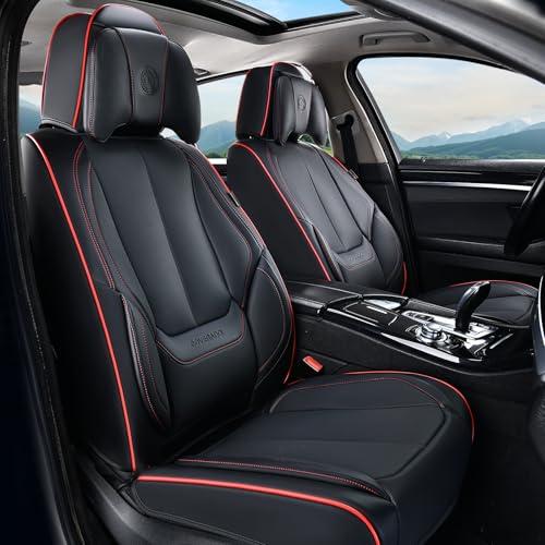 Coverado Universal Seat Covers Full Set, 4 Seats Universal Seat Covers for Cars, Waterproof Nappa Leather Car Seat Covers with Head Pillow, Auto Protectors Fit for Most Pick-up Truck, Black&Redline