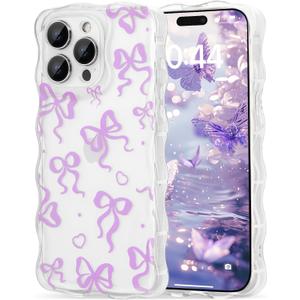 Cute Heart Bow Case for iPhone 14 Pro 6.1 inch, Wavy Ribbon Bows Phone Case Pretty Aesthetic Girly Cover Cute Clear Shell Soft Bownot Phone Cover for iPhone 14 Pro Women Girls, Purple