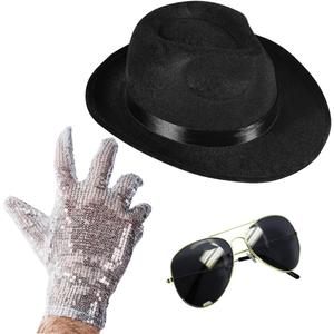 Funny Party Hats Michael Jackson Costume - Set of 3 - Fedora Hat, Sequin Glove, and Sunglasses (Fedora, Black, One Size)