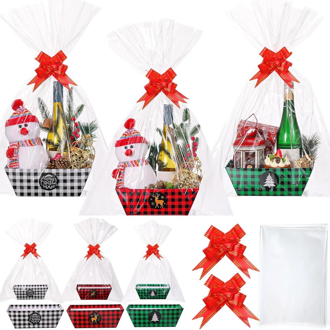 Pasimy 12 Set Large Christmas Baskets for Gifts Empty Xmas Gift Baskets with Bags Bows Holiday Cardboard Box Trays with Handles for Xmas Holiday Birthday Party Wrapping Favors(Plaid)