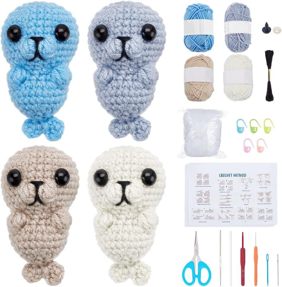ACRNIGHEET Crochet Kit for Beginners Crochet Starter Kits Gift Makes 4 Seals Knitting Kit for Adult Amigurumi Craft Knitting Crochet Animals Kits Learn to Crochet with Step-by-Step Video Tutorials