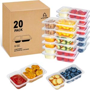 MACTANO Reusable Snack Containers with Lids, 9 oz Double Compartment Plastic Snack Pack Containers Portion Control Meal Prep Snack Boxes BPA Free 20 Sets for Work Travel School, Small