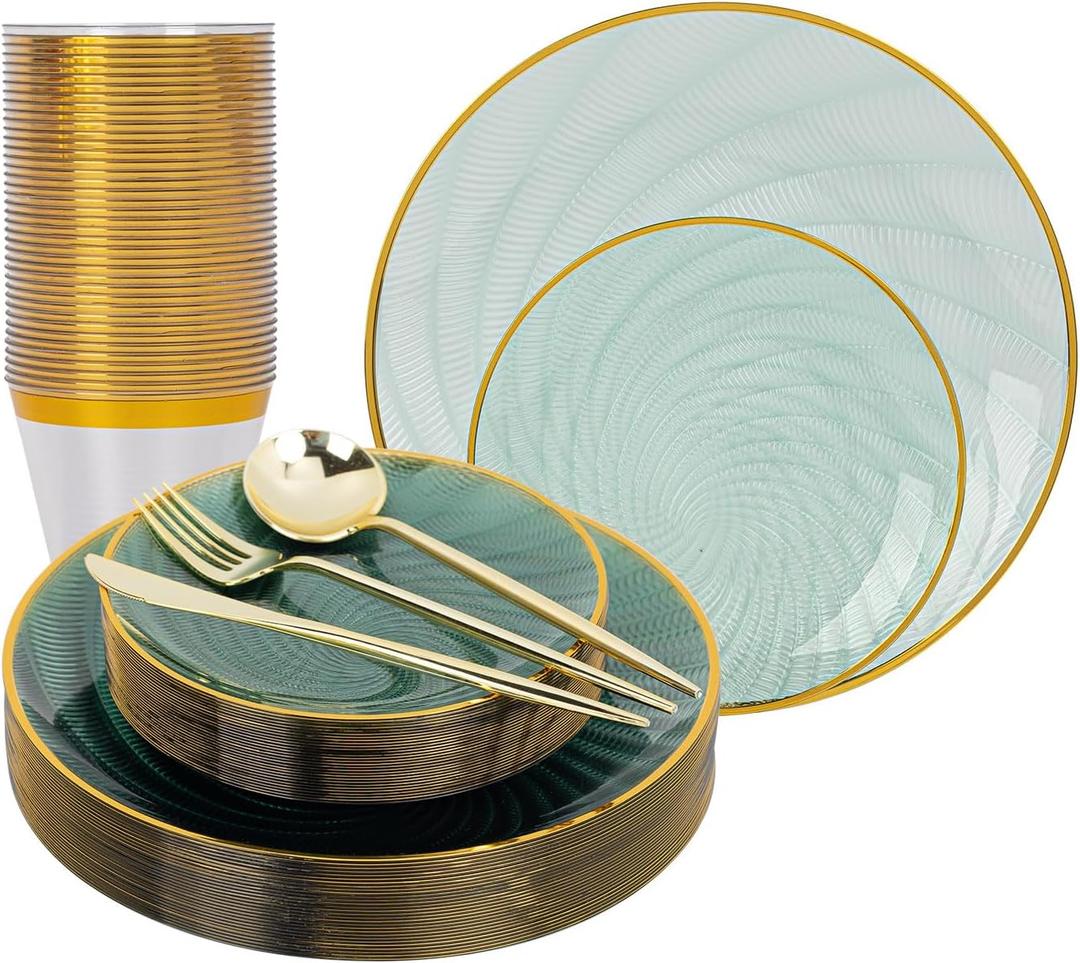 N9R 180 PCS Disposable Dinnerware Set with Gold Rim for 30 Guests,Green Plastic Plates Include 30 Dinner Plate, 30 Dessert Plates, 30 Cups, 90 Heavy Duty Gold Plastic Silverware for Party & Wedding