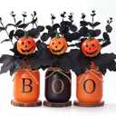Halloween Table Decorations, Centerpieces for Tables with Boo Mason Jars, Black Fake Flowers, Pumpkin, Wood Coaster, Halloween Table Centerpiece Decor, Tabletop Home Bathroom Decor