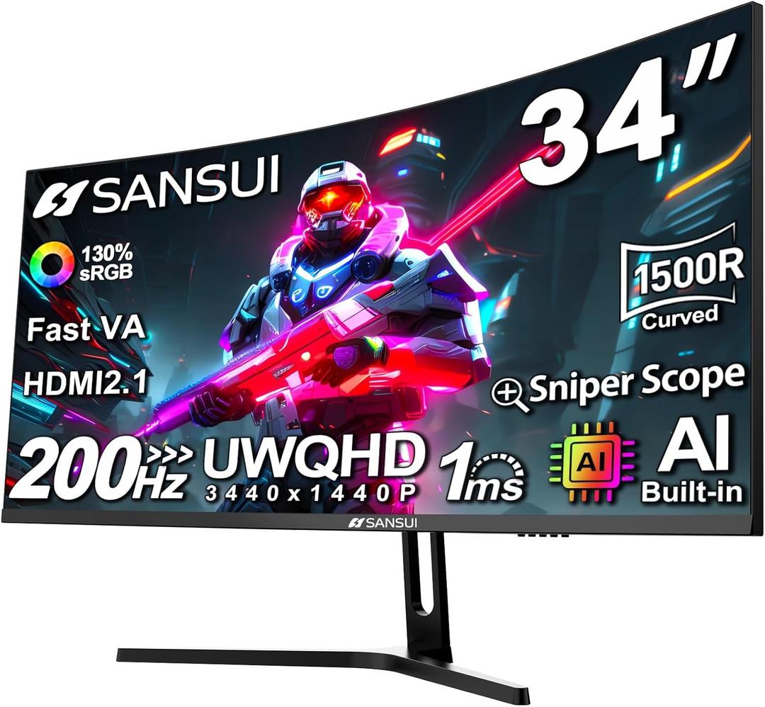 SANSUI 34-Inch Curved Gaming Monitor UWQHD 3440 x 1440P Up to 200Hz 165Hz Curved 1500R - PIP/PBP, OD 1ms, HDR, 300nits, sRGB 130%, DCI-P3 97%,AI Crosshair,HDMI2.1x2,DP1.4(Cable Included) (Black)