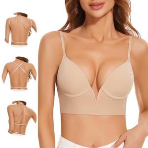 Women Low Back Bras-Invisible Backless Bra-Seamless Secret Plunge No Show Bra Multiway Low Cut Deep-V Halter Bras, 32D