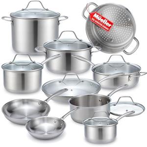 Mueller Pots and Pans Set 17-Piece, Ultra-Clad Pro Stainless Steel Cookware Set, Ergonomic EverCool Handle, Induction Cookware, Includes Saucepans, Skillets, Dutch Oven, Stockpot, Steamer For Cooking