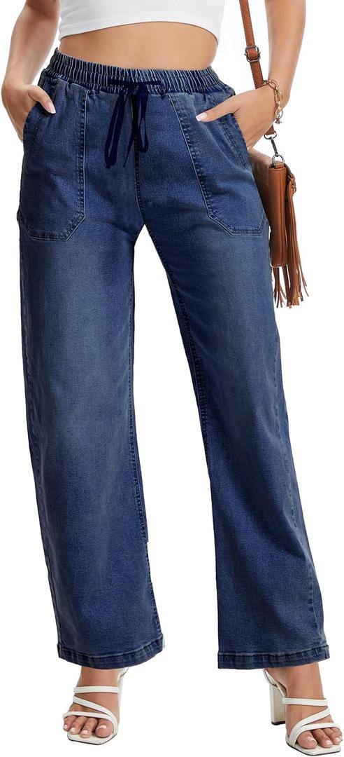 HVEPUO Women Wide Leg Jeans Stretchy Baggy High Waisted Denim Pants Pull On Straight Leg Casual Drawstring Trousers Fall 2026