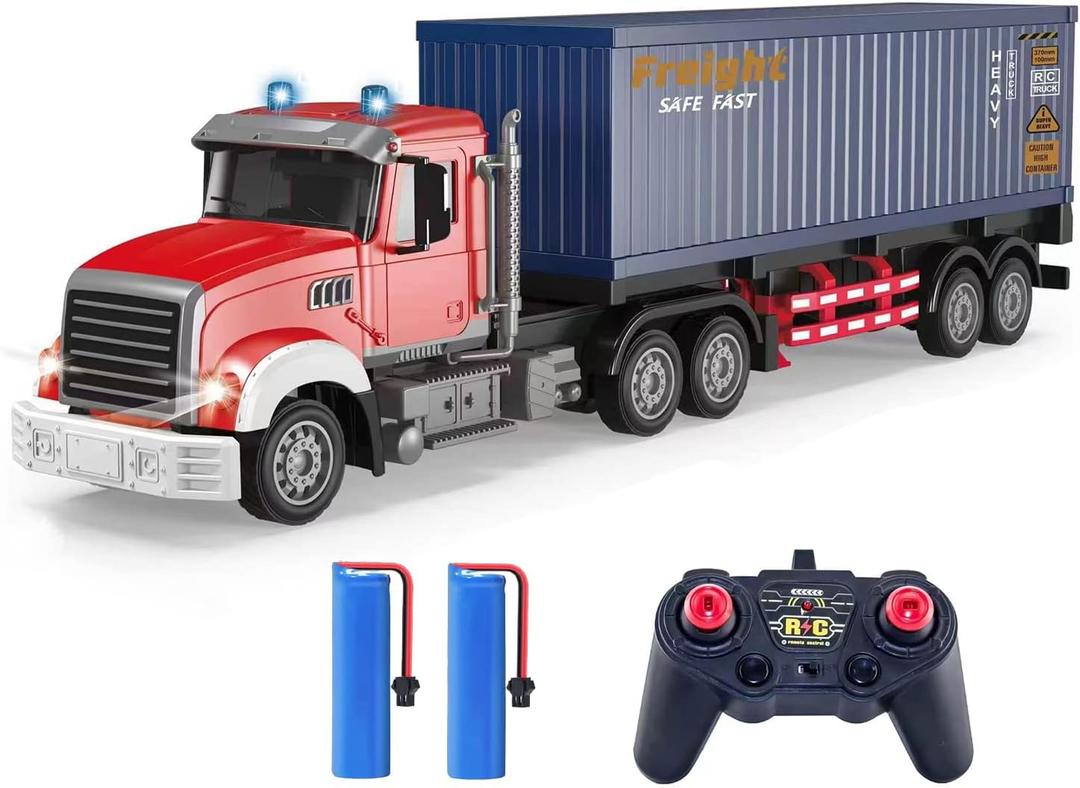 RC Semi Truck with Trailer - 22.5 Inch Semi Truck Toy for Kids, Carrier Van Transport Vehicle with 2 Rechargeable Batteries, 1:24 Container Trucks with LED Lights & Music, Great Gift For Boys Girls