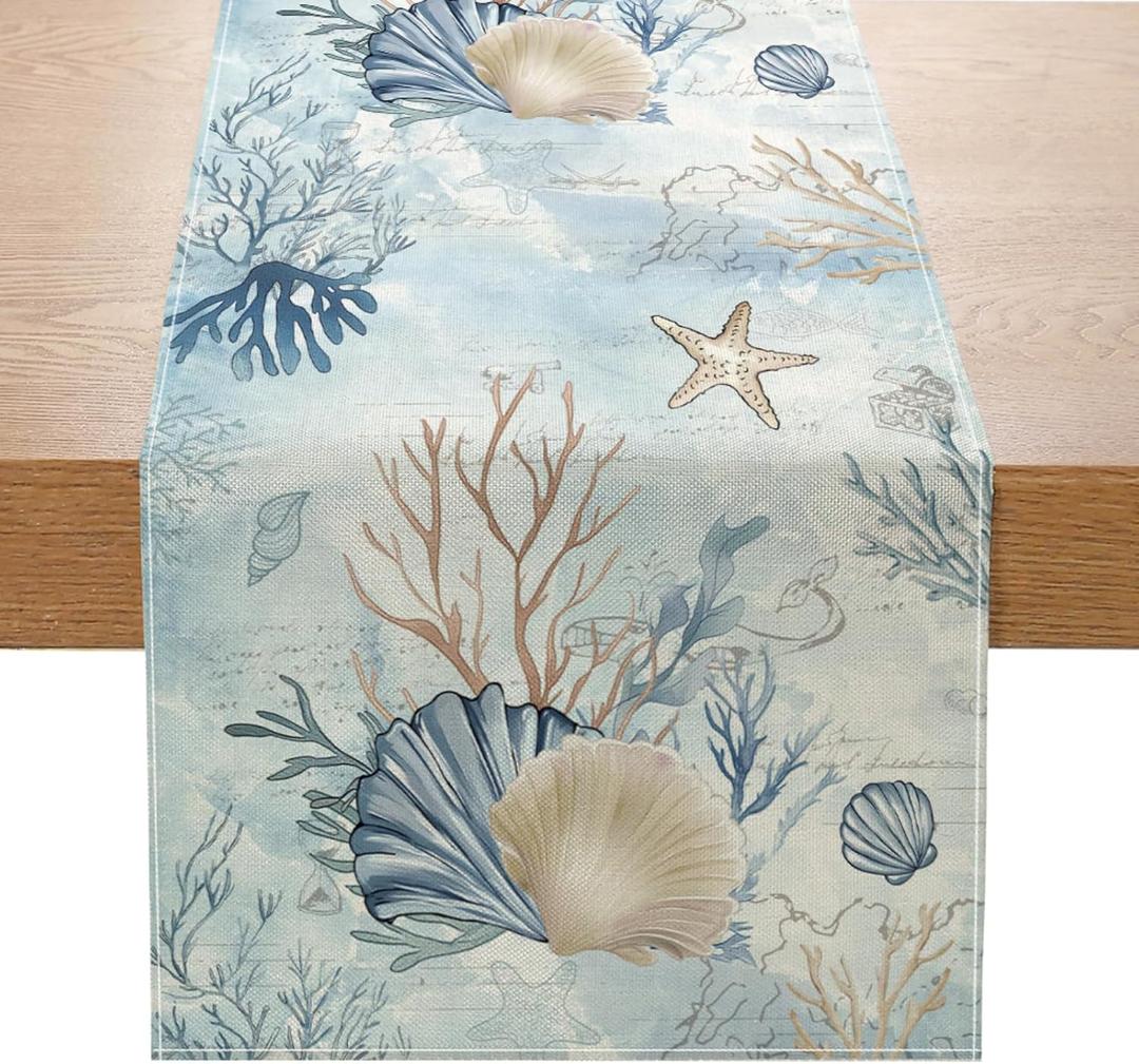 Coastal Sea Shell Starfish Table Runner 13x72 Inch Summer Ocean Beach Kitchen Dinning Table Decoration for Indoor Outdoor Home Party Dcor
