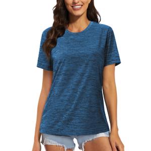 MAGCOMSEN Crewneck Workout Shirts Women Quick Dry Short Sleeve Gym Running Athletic Exercising Shirts Medium Blue, XXL (Blue, XXL)