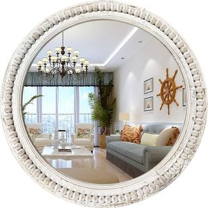 Rustic Round Wall Mirror, 24 Inch Wood Circle Mirror with Beads, Decorative Farmhouse Mirror for Living Room, Bedroom, Kitchen, Entryway (White)