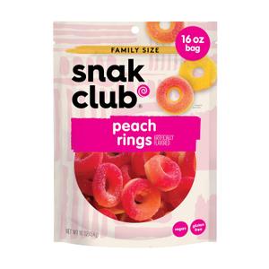 Snak Club Peach Rings Gummy Candy, Fruit Flavored Candy Gummies, Soft and Chewy, Gluten-Free and Vegan Snacks, 16 oz Resealable Bag (EXP 07/17/26)