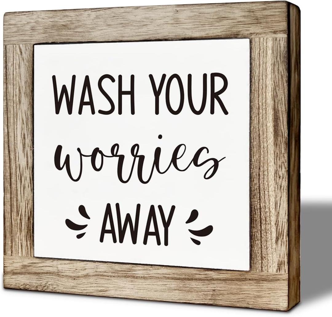 Bathroom Decor Art, Positive Home Decor, Funny Washroom Signs Plaque, Farmhouse Wood Decoration for Toilet Bathroom Washroom, Shelf Table Decors, Wash Your Worries Away Sign 5.9×5.9 inches