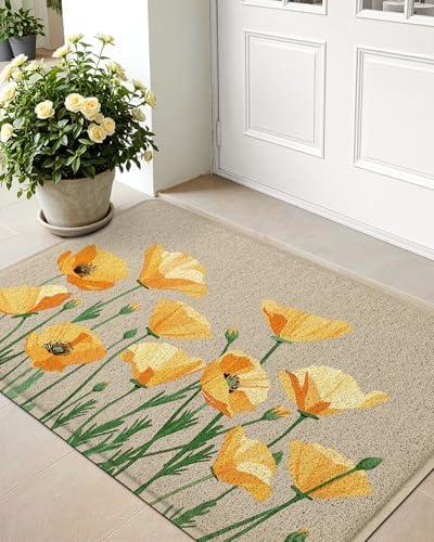 LUMI Spring Floral Door Mat, Low Profile Thin Mesh Doormats, Dirt Trapper Stain Resistant Welcome Mats, Waterproof Outside Mat for Home Decor, 24"x36", Beige