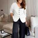 Cicy Bell Womens Button Up Cardigan Sweaters Blazer Trendy Lightweight V Neck Long Sleeve Sweater Tops (White, S)