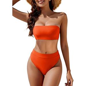 YACUN Women's High Waisted Bikini Swimsuit Two Piece Strapless Bandeau Cheeky Bathing Suits, L