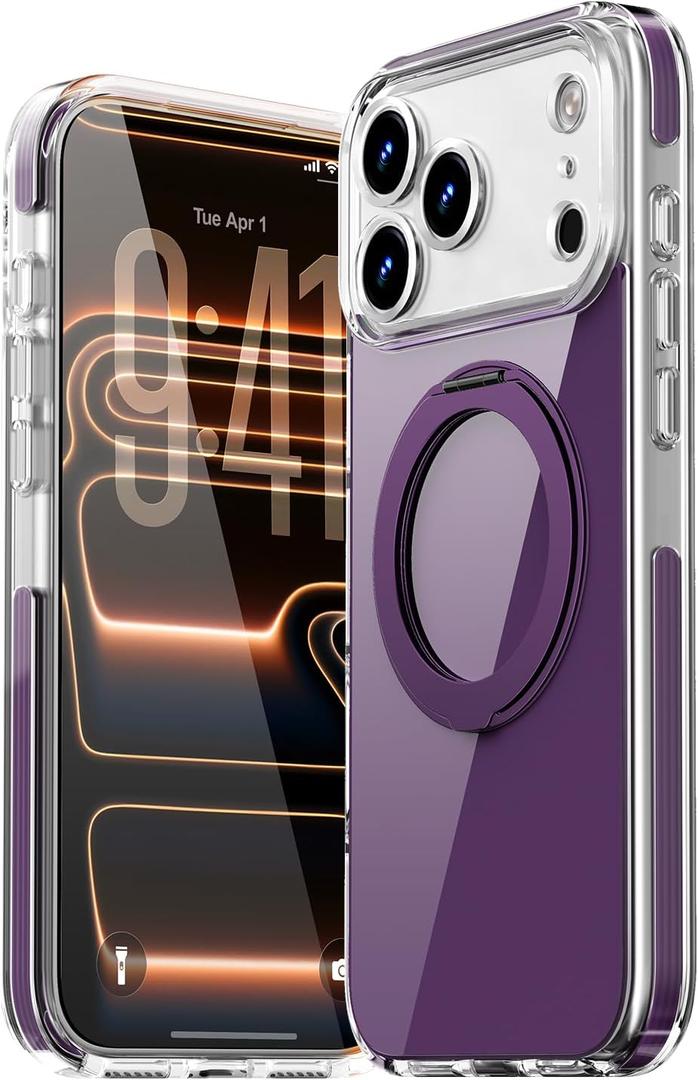 COOLQO 360Spin Magnetic Stand for iPhone 17 Pro Case, Fit for MagSafe, Military-Grade Protection,Full Camera Protection, Non-Yellowing Clear Scratch-Resistant Back Cover for 17 Pro, Purple