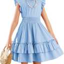 Arshiner Girls Dresses Flutter Sleeve A-Line Sundress Casual Summer Tiered Swing Midi Pocket Dress.L