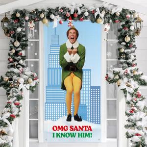 Buddy The Elf Christmas Door Cover, Omg Santa I Know Him Porch Sign for Outdoor Decorations, Funny Elf Photo Booth Background Banner, Christmas Party Decor Supplies, 70.8x35 Inch