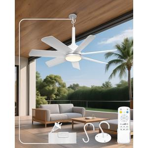 Outdoor Ceiling Fan with Light and Remote, 28" LED Fan Light, Gazebo Fan with Hanging Hook, 3000K-6500K, Ceiling Fans with Lights Suitable for Terraces, Porches, Pergolas, and Garages (White)