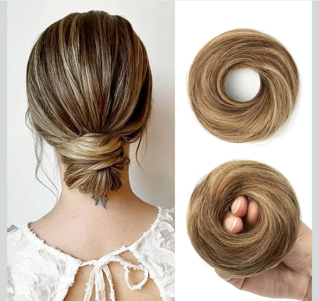 Hairpieces for Updos Stretch Bun Maker Elastic Band Human Hair Buns Women's No-Slip Design Messy Bun Piece Double Ponytail Buns Styling Essentials (5.5"16g, sP4-27 Medium Brown&Dark Blonde)