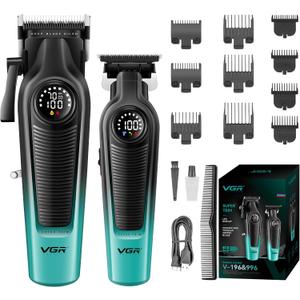 VGR Hair Clippers for Men & Hair Trimmer Set, Cordless Barber Combo with LED Display, Ceramic & Titanium Blades, 7000RPM, Type-C Rechargeable, Home & Professional Hair Cutting Kit, V-196 & 996(Green)