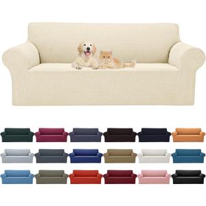 Cupuamon 2026 New Stretch Sofa Slipcovers Couch Cover for 3 Cushion Furniture Protector Sofa Covers with Elastic Bottom Jacquard Fabric Small Checks for Pets, Kids -Sofa, Beige