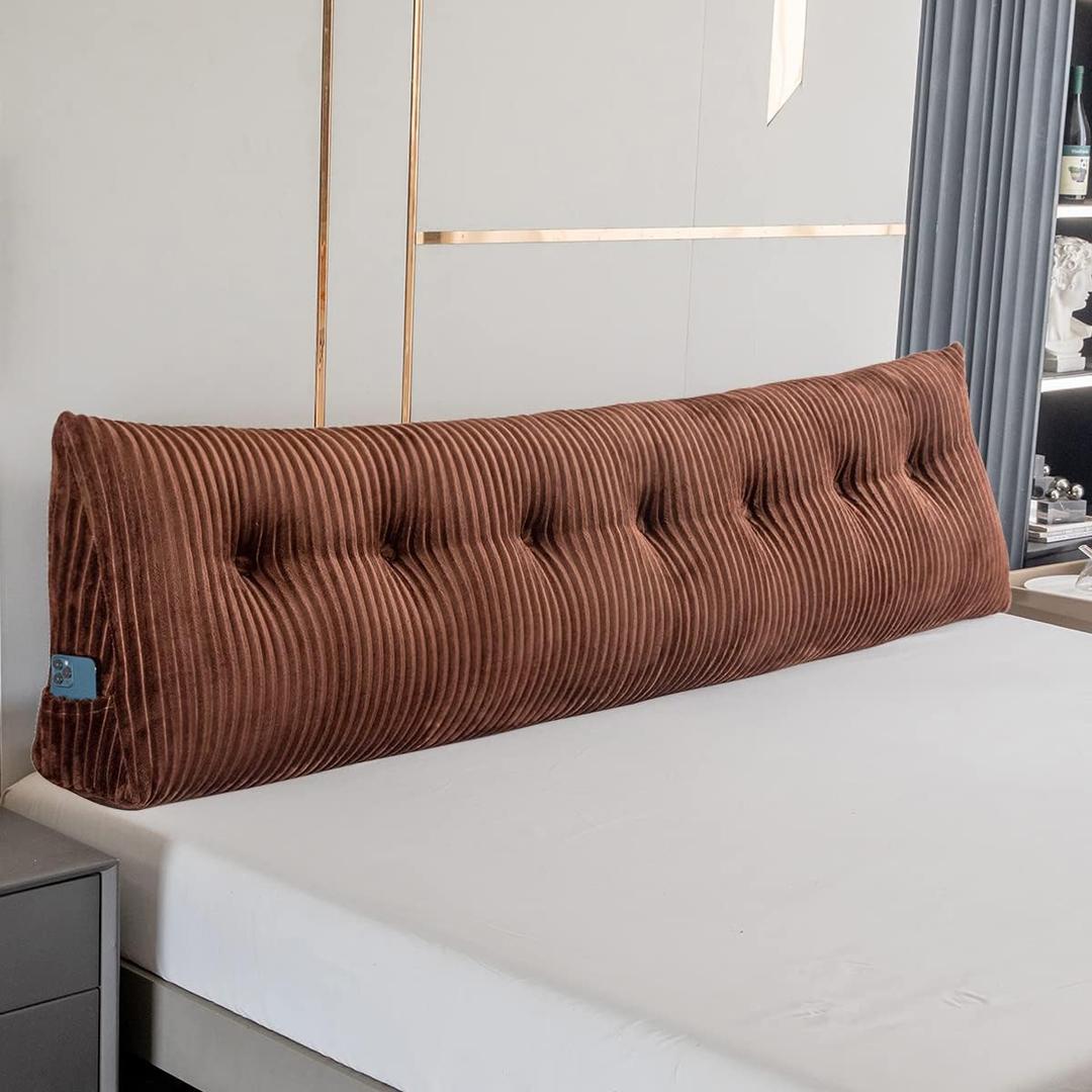 Large Triangular Headboard Wedge Bed Rest Reading Pillow Backrest Positioning Support Bolster Cushion with Removable Cover (Brown, King: 76x8x20 Inches)