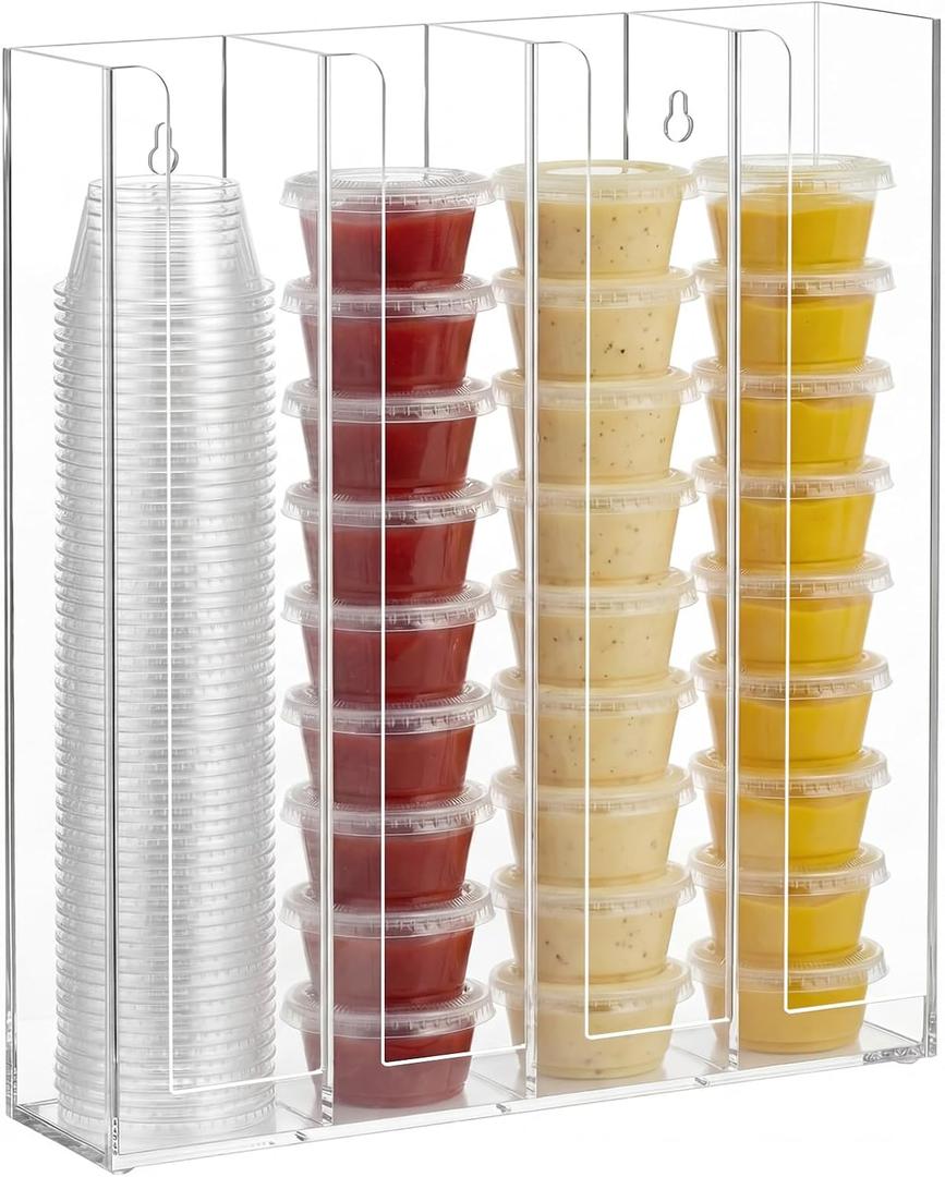 Sliner Acrylic Wall Mount Portion Sauce Cup Lid Organizer, 4 Compartment Clear Disposable Cup Holder for Storage in Restaurant, Kitchen, Cafes, Includes Screws and Anti-slip Pads, Fits 1/1.5/2 oz Cups