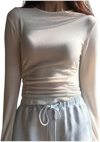 SweatyRocks Women's Ruched Long Sleeve T Shirt Sheer Crewneck Slim Fit Tee Tops, M