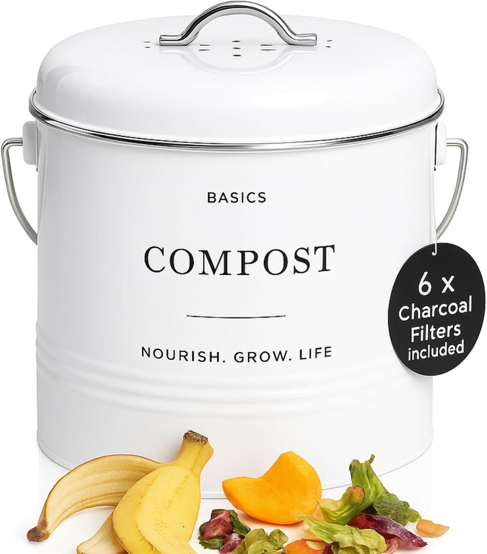 D'Lifeful Kitchen Compost Bin  1.3 Gallon Countertop Farmhouse Compost Container with Lid  Odorless Indoor Food Scrap Pail with 6 Charcoal Filters  Eco-Conscious and Easy to Clean - White