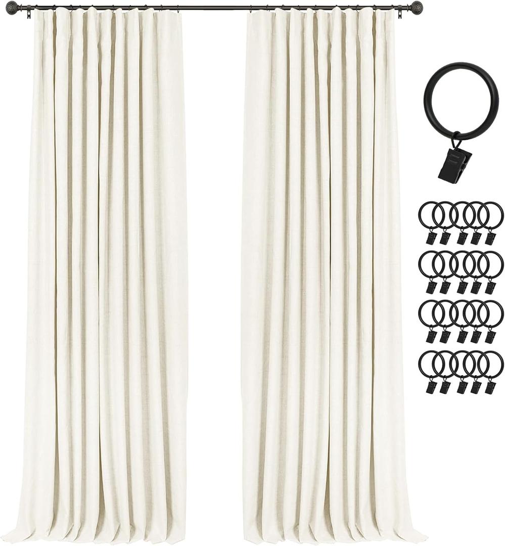 INOVADAY 100% Blackout Curtains for Bedroom, Black Out Curtains 96 Inch Long, Clip Rings Linen Blackout Drapes, Thermal Insulated Room Darkening for Living Room, 2 Panels - Lightcream,W50xL96