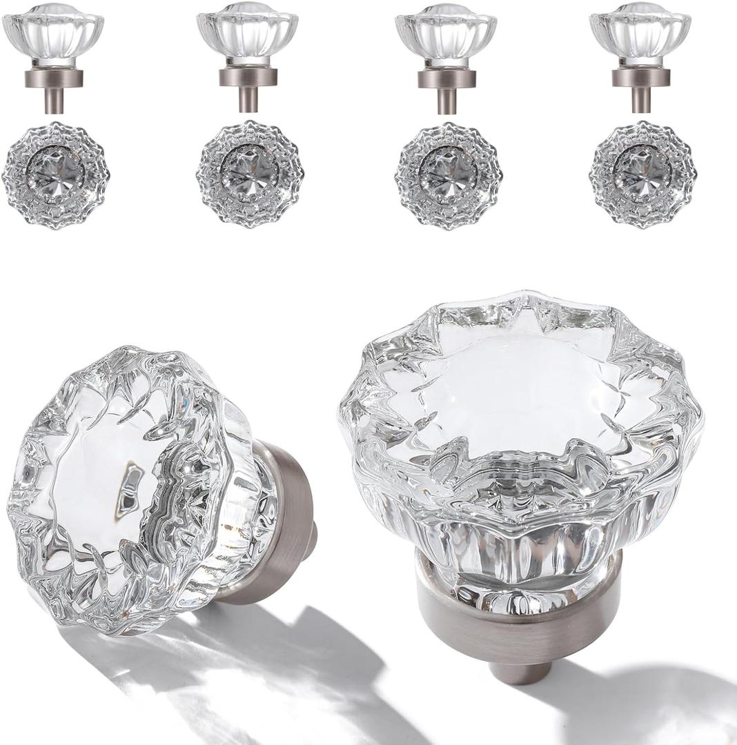 Crystal Cabinet Knobs 8 Pack Clear Glass Pulls for Kitchen Bedroom Bathroom Living Room Furniture, Brushed Nickel Silver Base Old Style Cabinets Closet Dresser Drawers Cupboard Handles Accessories