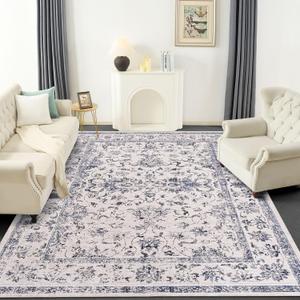 Washable Area Rug for Living Room - Stain Resistant Urtla Thin Rugs with Non Slip Rubber Backing - Indoor Floor Carpet for Dining Room Home Office Dorm (Navy Blue/White, 9x12 Feet)