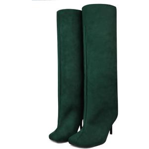 Knee High Boots Wide Calf Women Long Suede Square Toe Bootie Tall Cute Slouchy Fashion Boots Ladies Fall Booties (6, Dark Green)