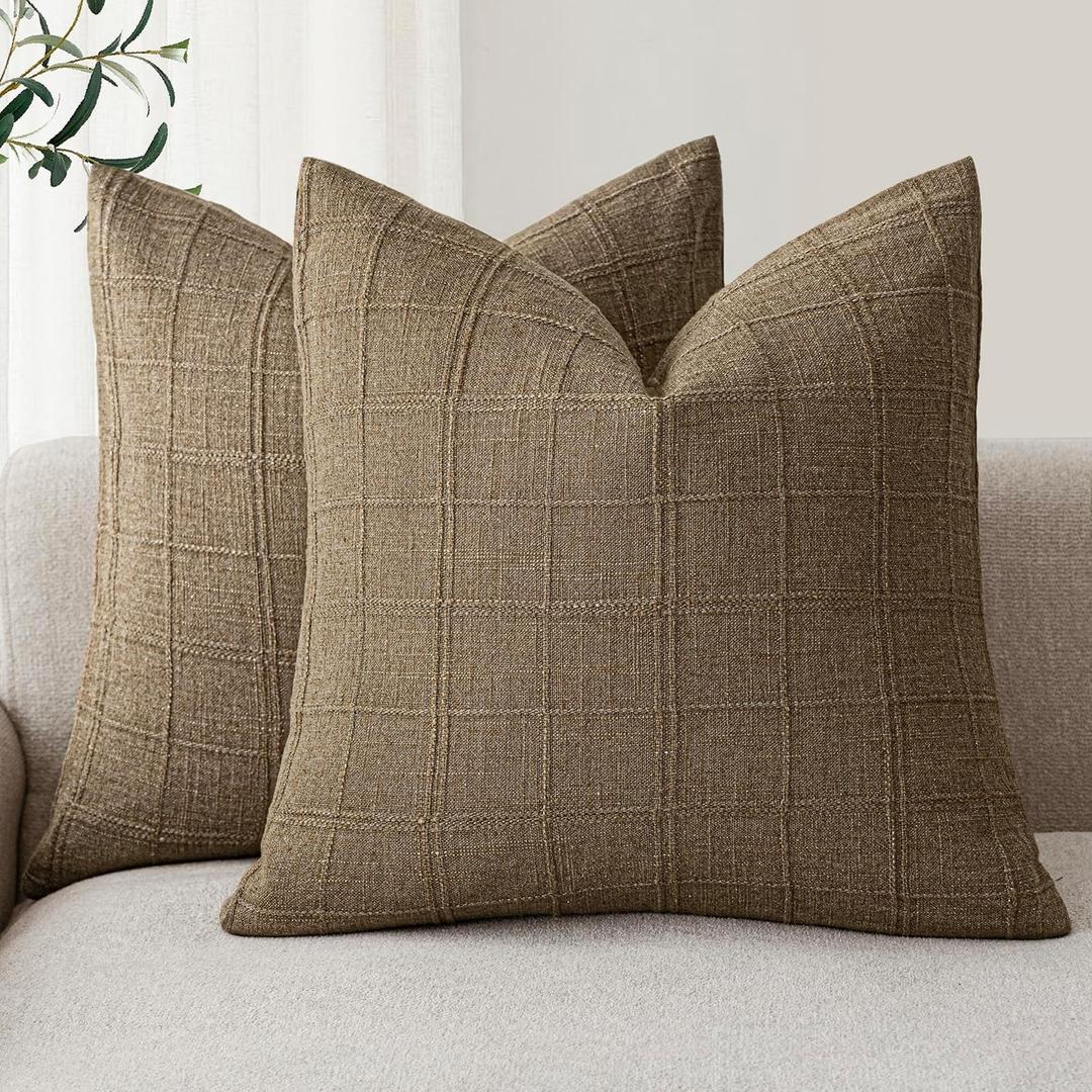 Foindtower Set of 2 Decorative Linen Check Throw Pillow Covers Neutral Farmhouse Vintage Cushion Covers Modern Boho Home Decor for Sofa Chair Couch Bedroom Living Room Outdoor,2222 Inch,Light Brown