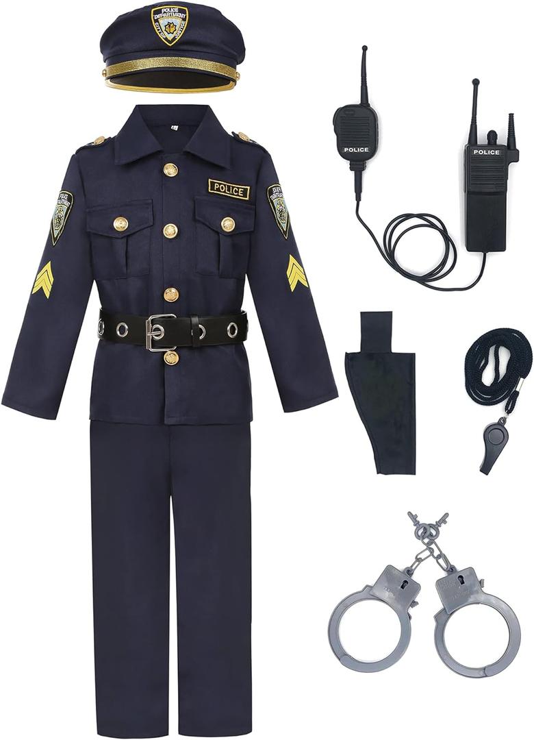 Police Costume for Boys Cop Costume Dress Up Set for Halloween Cosplay Party Costume (8-10 Years)