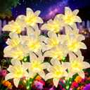 Solar Garden Lights 4 Pack 16 White Lily Flowers, Gifts for Mom Woman Birthday Outdoor Solar Flower Lights, Cemetery Flowers for Grave - Decorative Lilies for Yard, Patio, Pathway Decorations