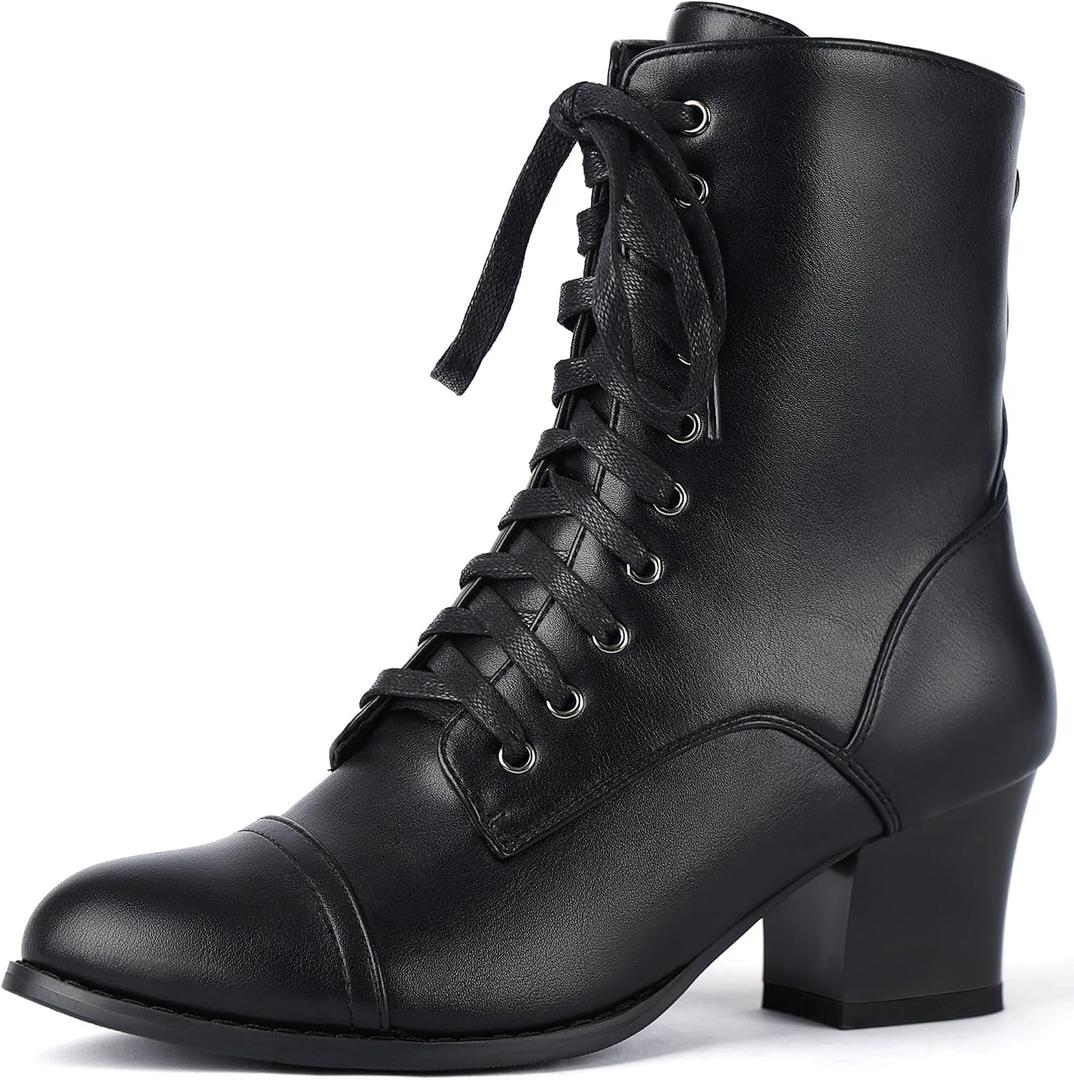 Women's Victorian Ankle Boots Lace UP Boots For Women Booties Side Zipper Block Chunky Mid Heel, Size 8.5