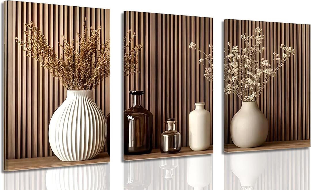 3 Pcs Framed Modern Minimalist Canvas Wall Art Flowers and Vase Paintings Pictures Brown Vertical Wood Grain Background Posters Prints Natural Wabi Sabi Wall Decor for Living Room Bedroom Decoration