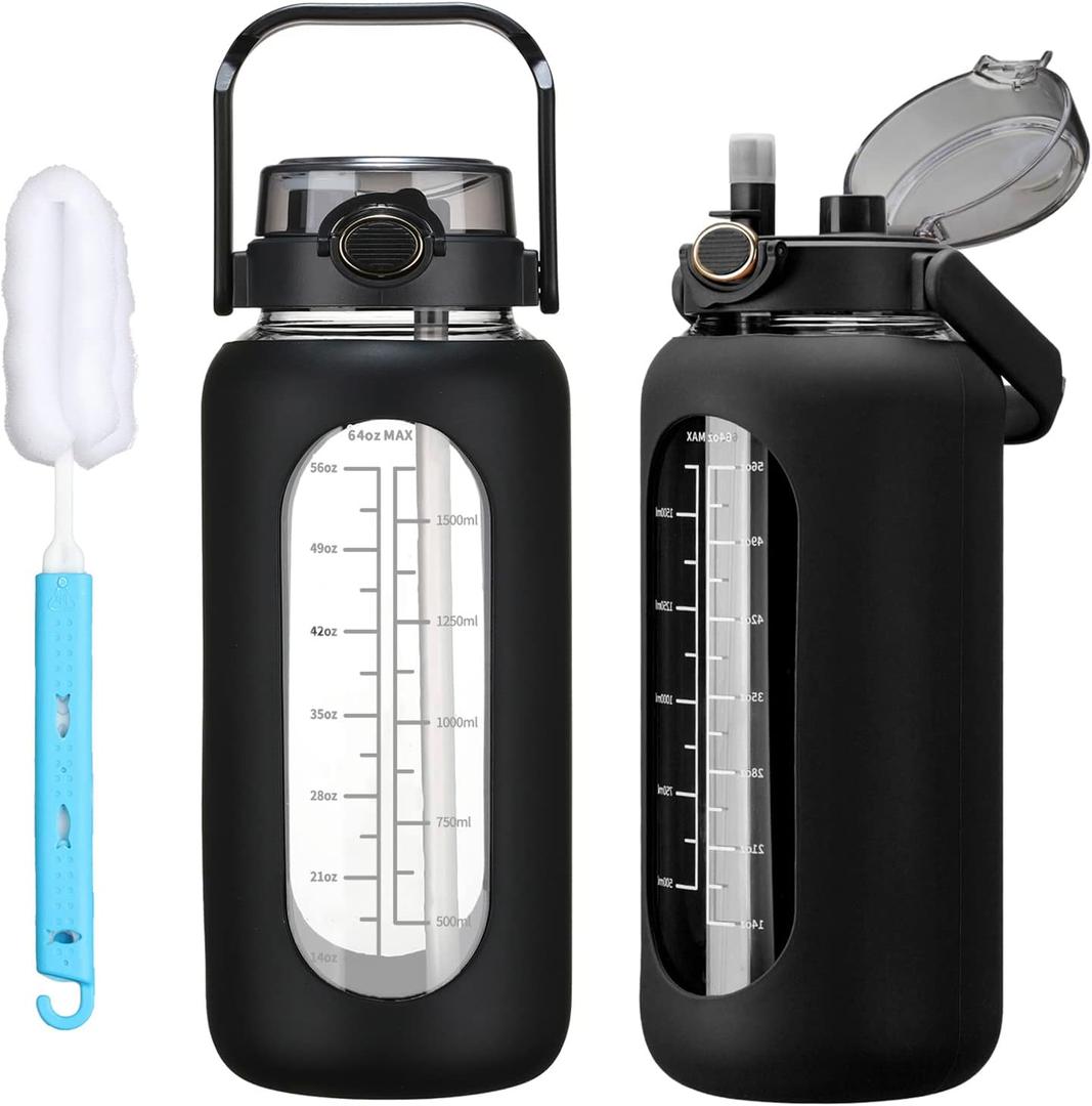 42oz/52oz/64oz Glass Water Bolttles with Straw Half Gallon Large Motivational Water Bottle with Time Marker Sports Water Bottles with Silicone Sleeve and Handle Lid Water Jug for Gym Workout (Black)